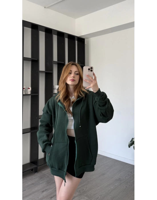 Yeşil Sane Kapüşonlu Oversize Hırka