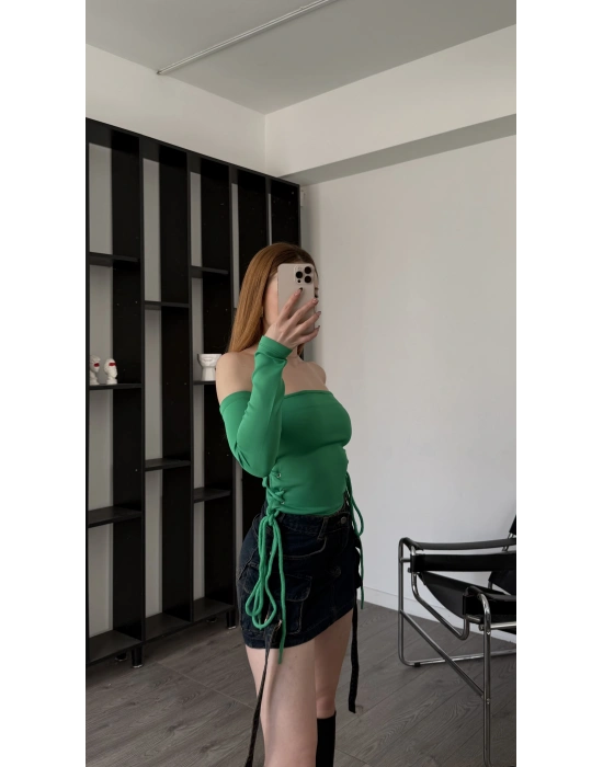 Yeşil Sienna Kuşgözü Bağcıklı Bluz