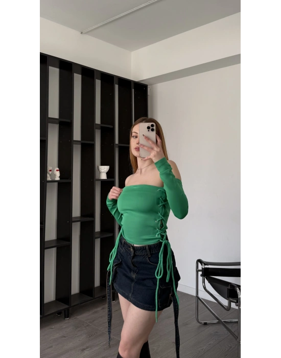 Yeşil Sienna Kuşgözü Bağcıklı Bluz