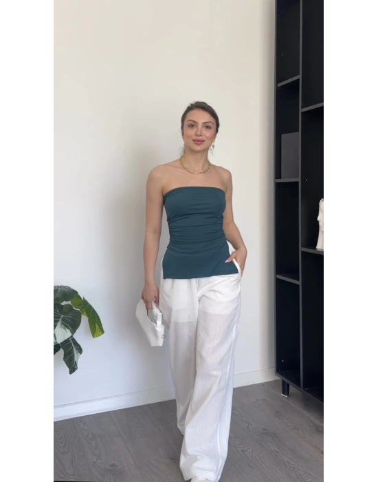 Yeşil Yandan Yırtmaçlı Straplez Bluz