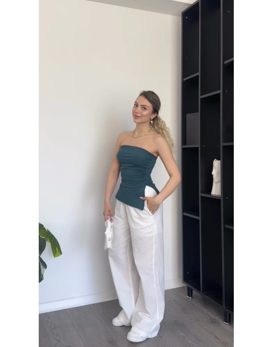 Yeşil Yandan Yırtmaçlı Straplez Bluz