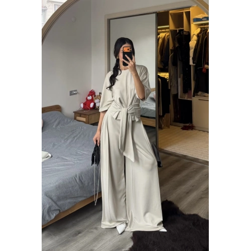 Rachel Taş Rengi Bel Kuşaklı Modal Takım