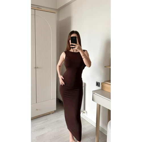 Kahve Neva Sırt Dekolteli Maxi Elbise