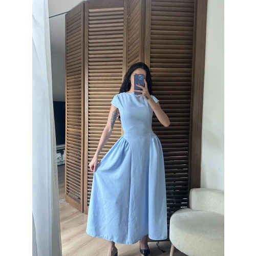 Bel Büzgü Detaylı Maxi Elbise Mavi