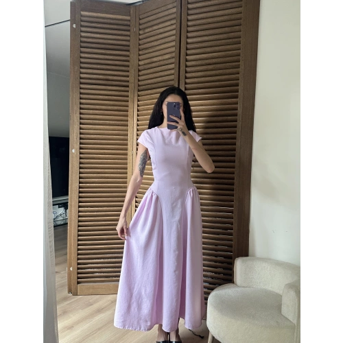 Bel Büzgü Detaylı Maxi Elbise Pembe
