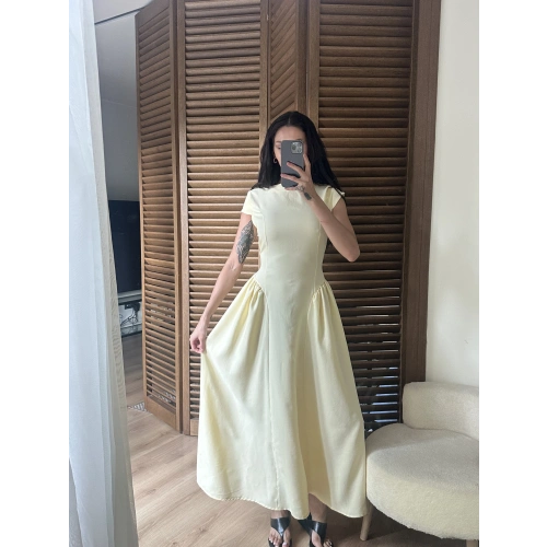 Bel Büzgü Detaylı Maxi Elbise Sarı