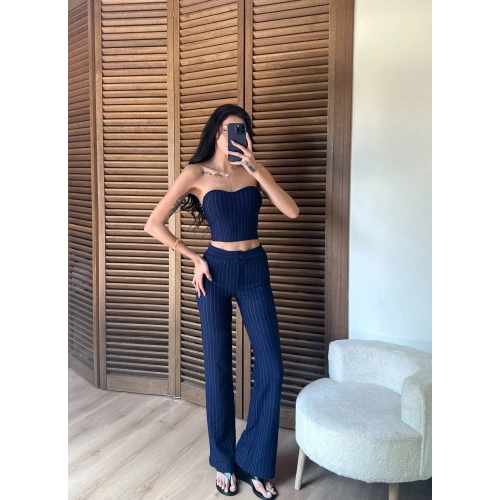 Çizgili Straplez Takım Lacivert