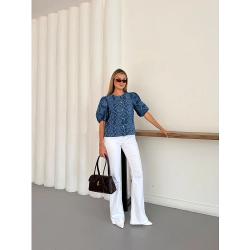 Desenlı Balon Kol Denim Bluz Mavi