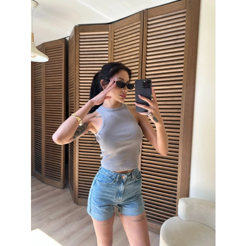 Halter Yaka Fitilli Crop Gri