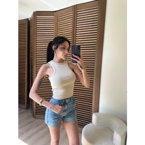 Halter Yaka Fitilli Crop Krem