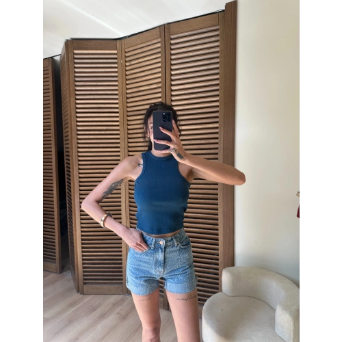 Halter Yaka Fitilli Crop Petrol Mavisi