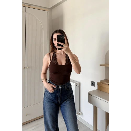 Kahve Nancy Dantel Kombineli Bodysuit
