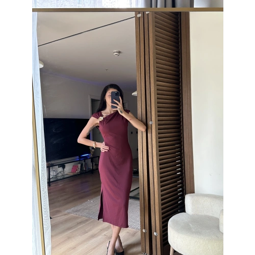 Mokka Gold Toka Detaylı Midi Elbise Bordo