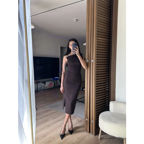 Mokka Gold Toka Detaylı Midi Elbise Kahverengi