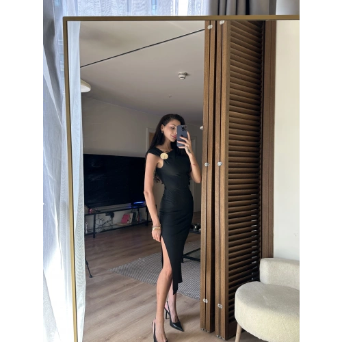 Mokka Gold Toka Detaylı Midi Elbise Siyah