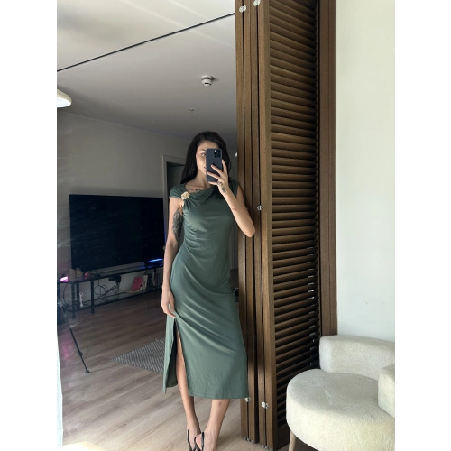 Mokka Gold Toka Detaylı Midi Elbise Yeşil