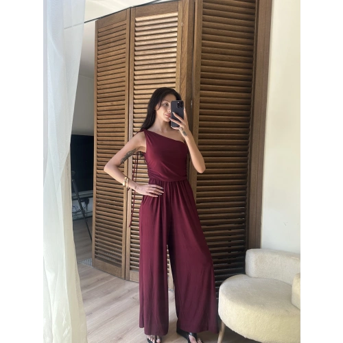 Tek Omuz Detaylı Drapeli Tulum Bordo