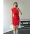 Kırmızı Vatkalı Dik Yaka Triko Elbise
