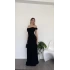 Siyah Balon Kollu Büzgü Yakalı Yırtmaçlı Elbise