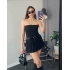 Siyah Kemerli Pileli Straplez Şortlu Mini Elbise