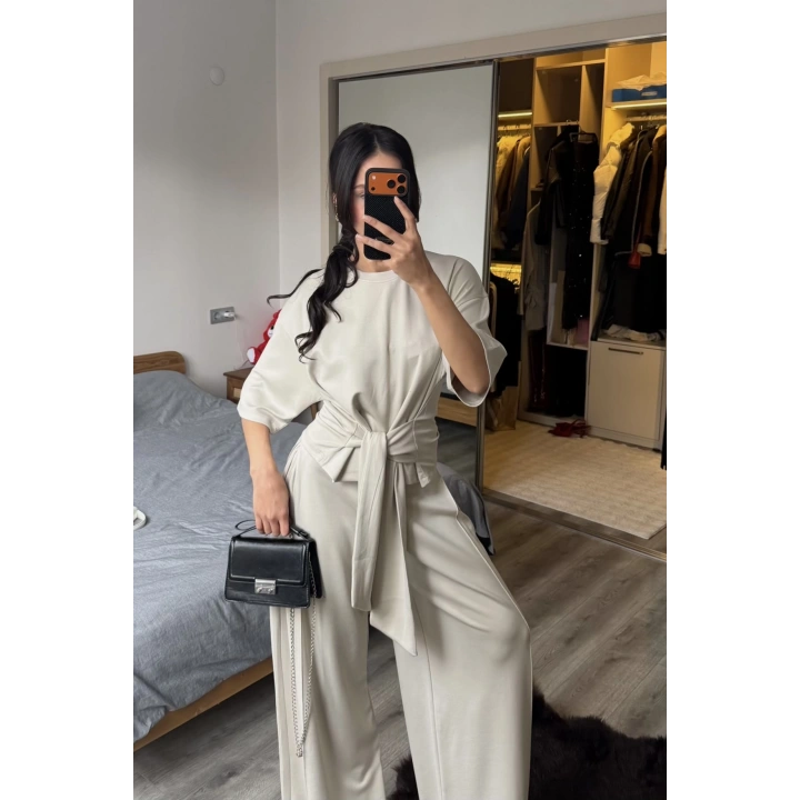 Rachel Taş Rengi Bel Kuşaklı Modal Takım