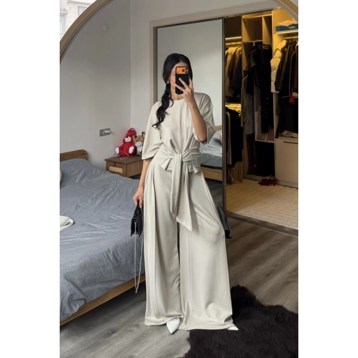 Rachel Taş Rengi Bel Kuşaklı Modal Takım