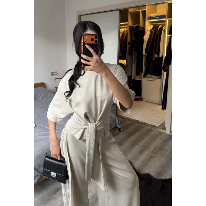 Rachel Taş Rengi Bel Kuşaklı Modal Takım
