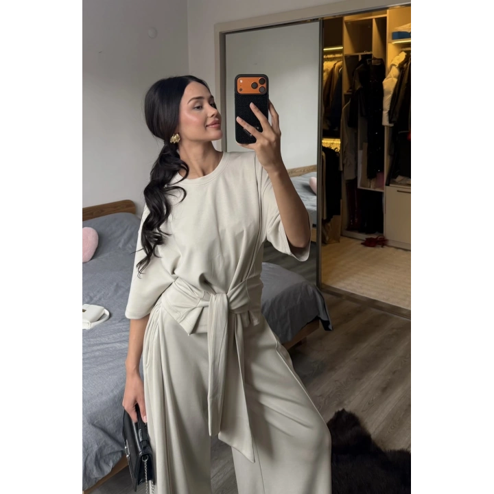 Rachel Taş Rengi Bel Kuşaklı Modal Takım
