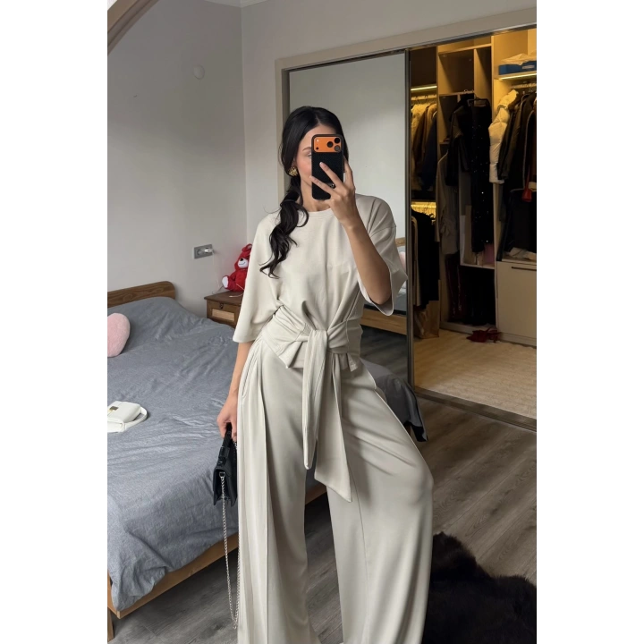 Rachel Taş Rengi Bel Kuşaklı Modal Takım