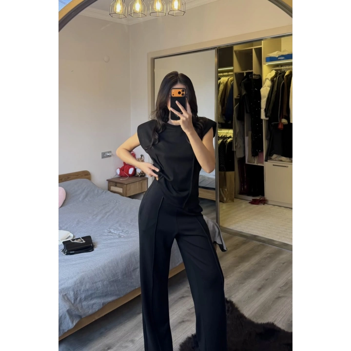 Siyah Mely Vatkalı Dikiş Detay Takım