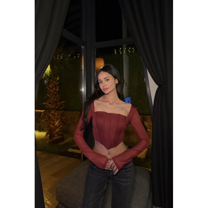 Bordo Tül Kollu Korse Bluz