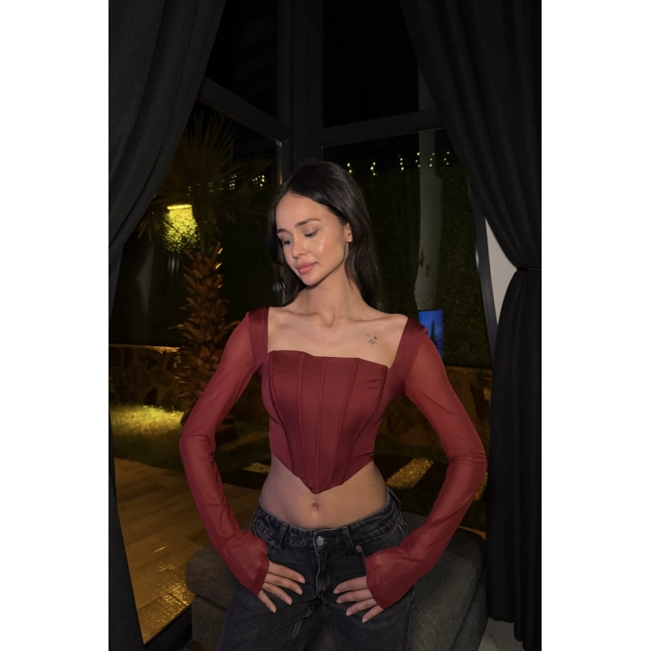 Bordo Tül Kollu Korse Bluz