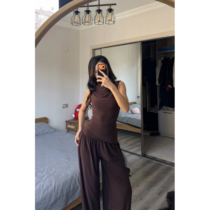 Kahve Lille Asimetrik Şalvar Takım