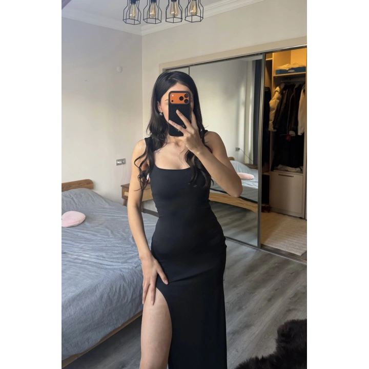 Sezy Kahve Kare Yaka Yırtmaçlı Elbise