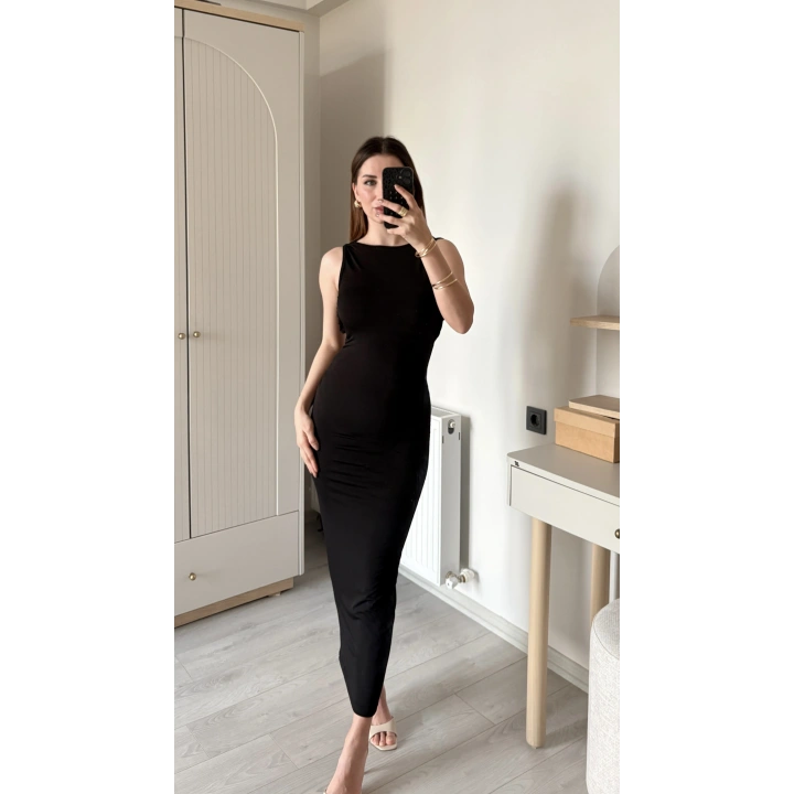 Siyah Neva Sırt Dekolteli Maxi Elbise