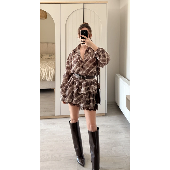 Kahve Sole Şifon Dantel Detay Kemerli Takım