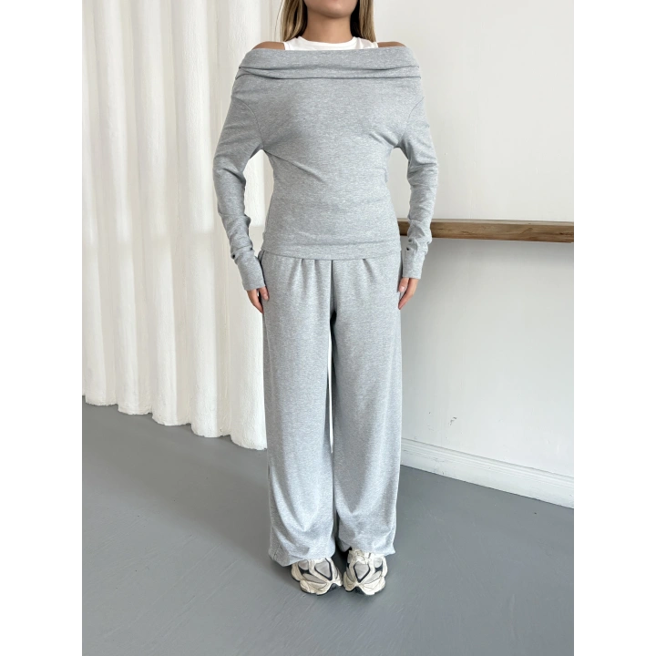 Atlet Detay Modal Bluz-Pantolon Takım Gri
