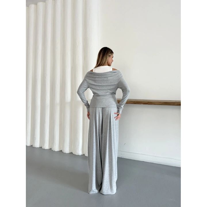 Atlet Detay Modal Bluz-Pantolon Takım Gri