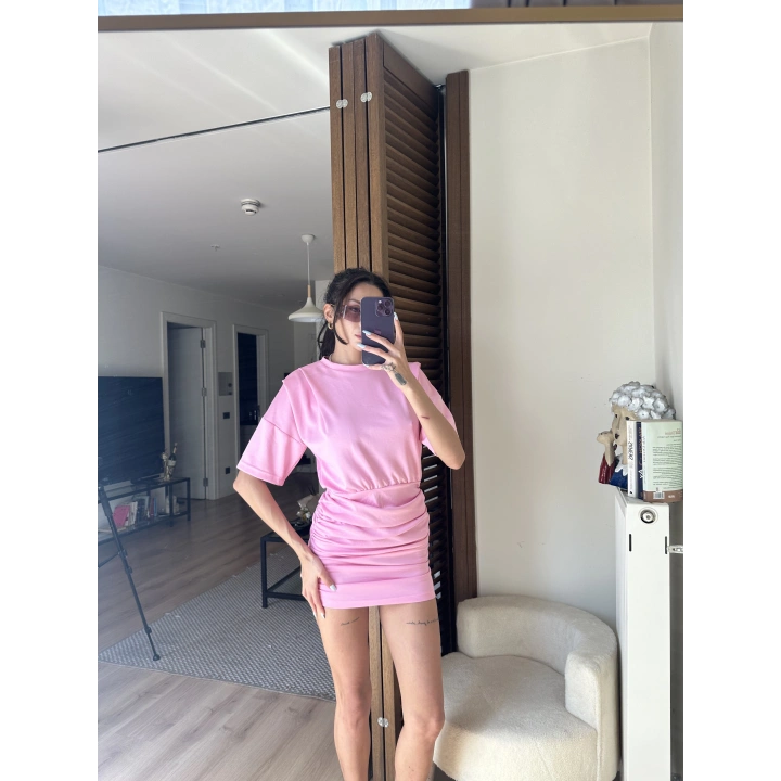 Avena Drape Detaylı Elbise Pudra