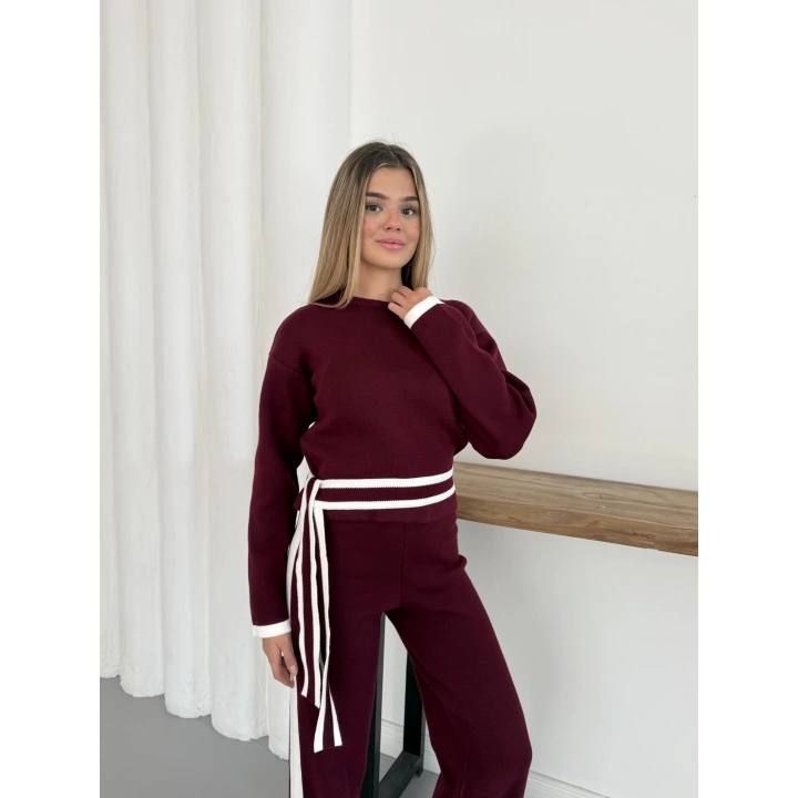 Bağlama Detaylı Triko Takım Bordo