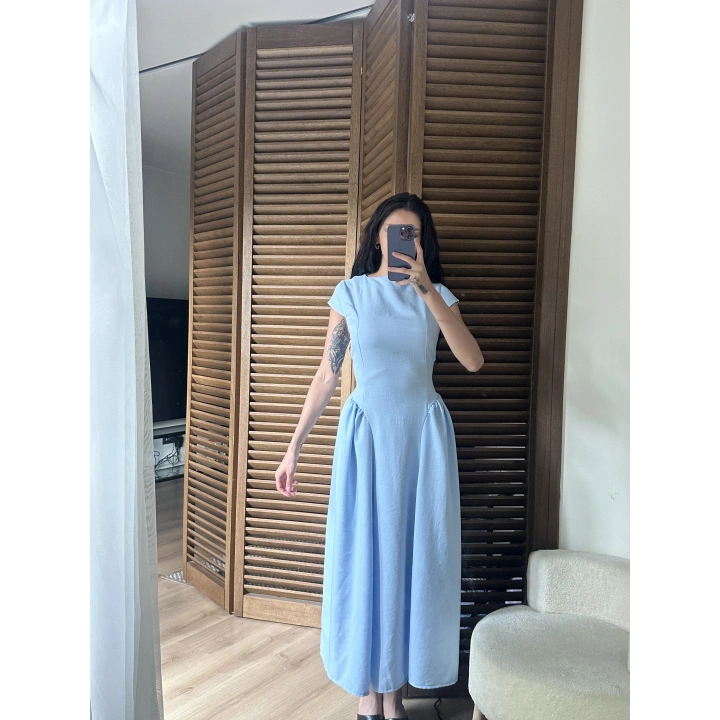 Bel Büzgü Detaylı Maxi Elbise Mavi