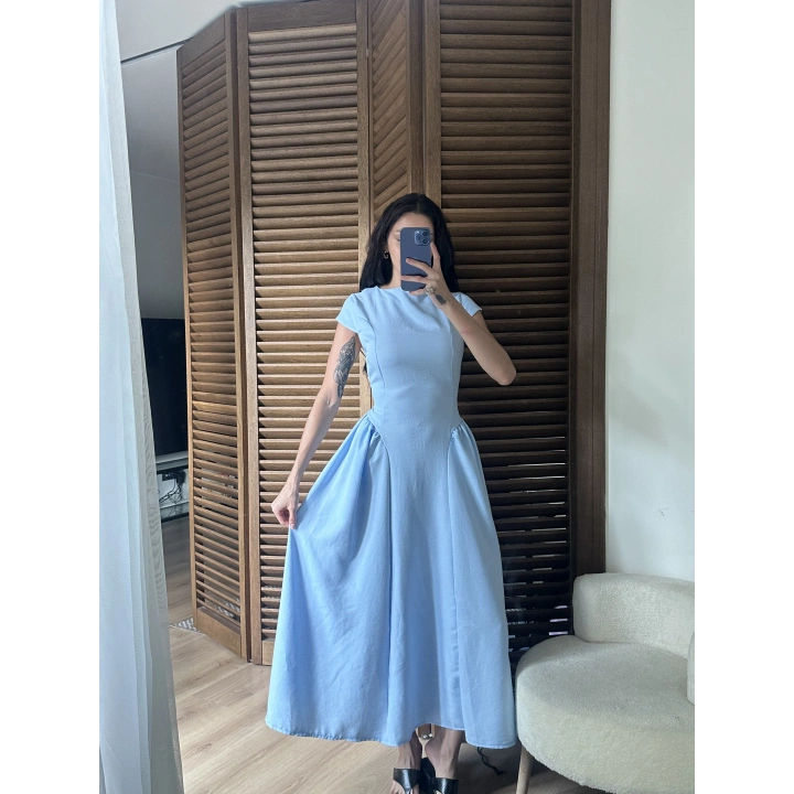 Bel Büzgü Detaylı Maxi Elbise Mavi