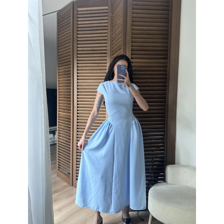 Bel Büzgü Detaylı Maxi Elbise Mavi