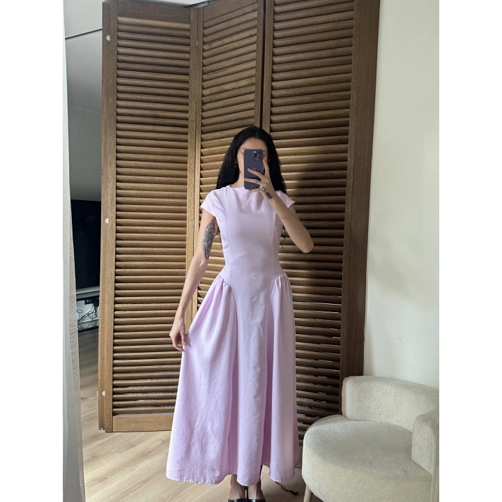 Bel Büzgü Detaylı Maxi Elbise Pembe