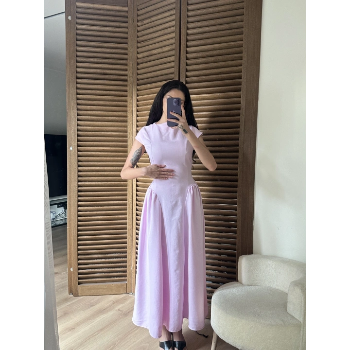 Bel Büzgü Detaylı Maxi Elbise Pembe