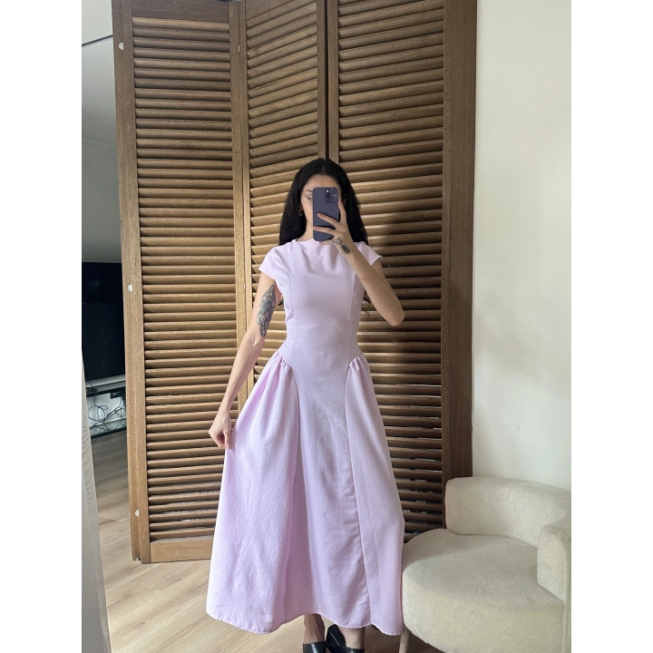Bel Büzgü Detaylı Maxi Elbise Pembe