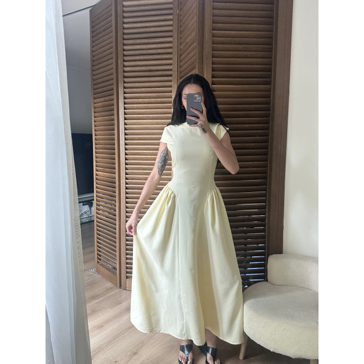 Bel Büzgü Detaylı Maxi Elbise Sarı