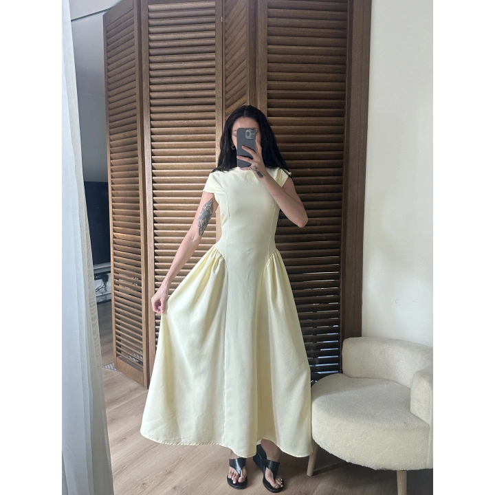 Bel Büzgü Detaylı Maxi Elbise Sarı