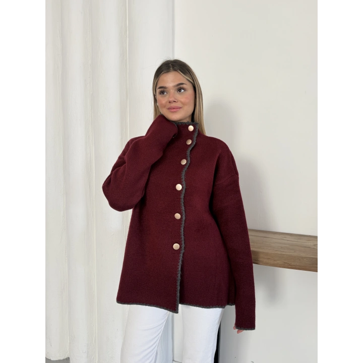 Çoban Dikiş Düğme Detaylı Triko Hırka Bordo