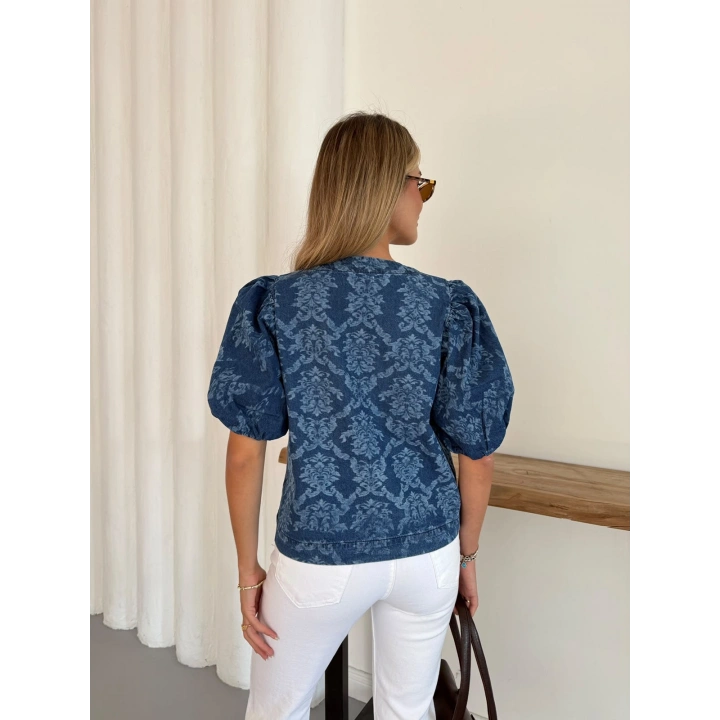 Desenlı Balon Kol Denim Bluz Mavi